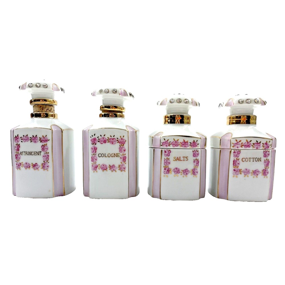 Vintage Lefton Pink Roses Vanity Bottles Handpainted China Set of 4 from 1950's